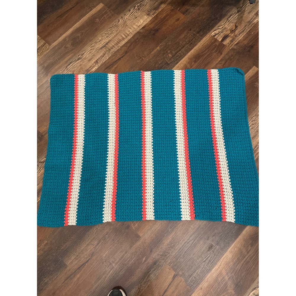 Handmade Crochet Throw Blanket Teal Blue Coral Pink White Striped Lapghan 47x36